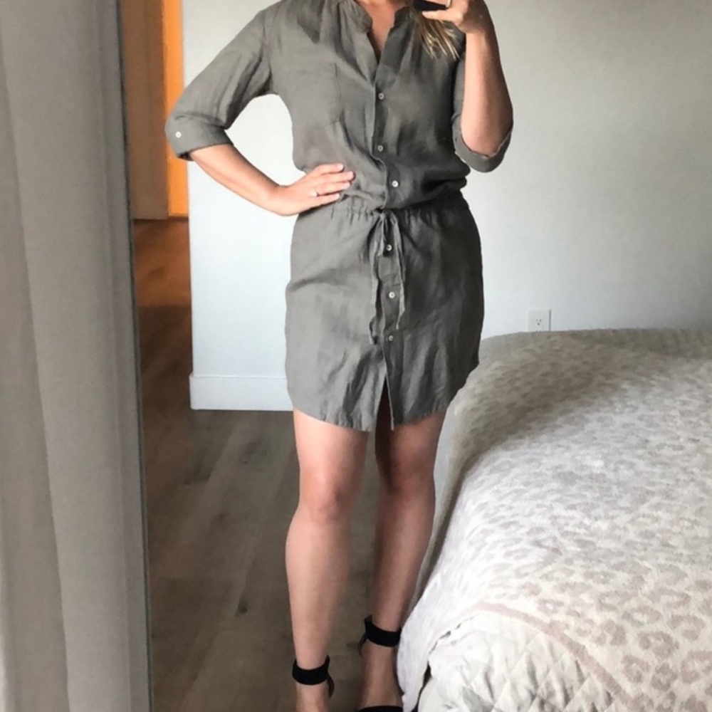 STANDARD JAMES PERSE Olive Army Green Linen Shirt Dress Button Up Drawstring